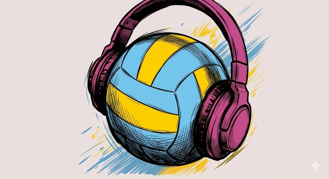 Manga sketch of a volleyball wearing headphones
